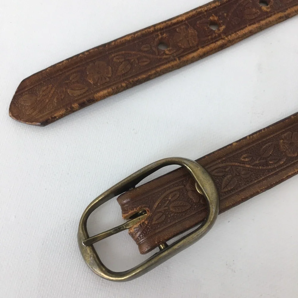 Thin Floral Tooled Leather Belt Brown by Colorado Leather Goods Feminine Western